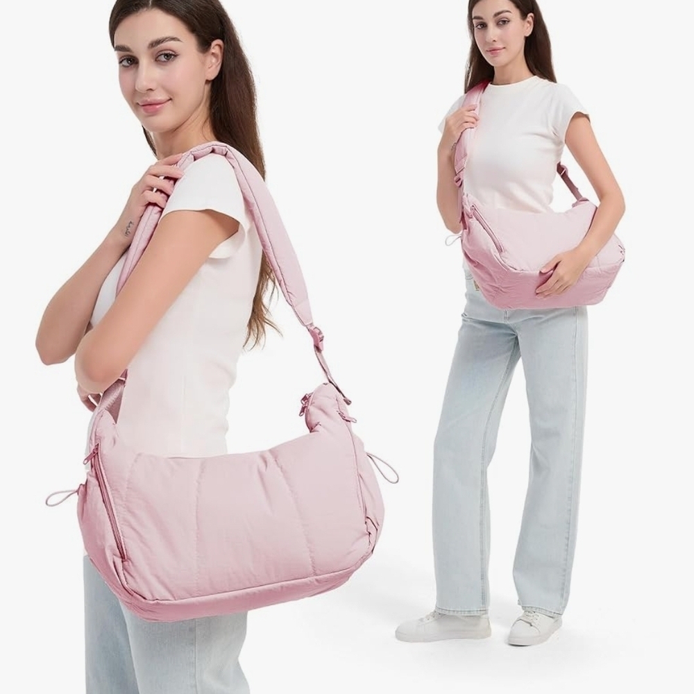 Pink Quilted Puffer Shoulder Bag Adjustable Strap Lightweight Nylon Crossbody